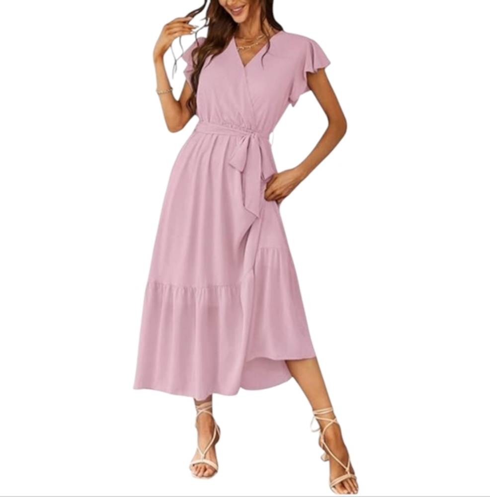 Bequemer‎ Laden Women's Summer Boho V-Neck Short Sleeve A-Line Ruffle Maxi Dress